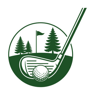 Classic golf emblem featuring a club, ball, and flag on green terrain