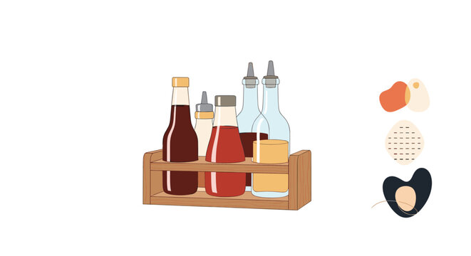 Set of condiment bottles including ketchup and soy sauce organized in a rustic wooden holder for restaurant table service.