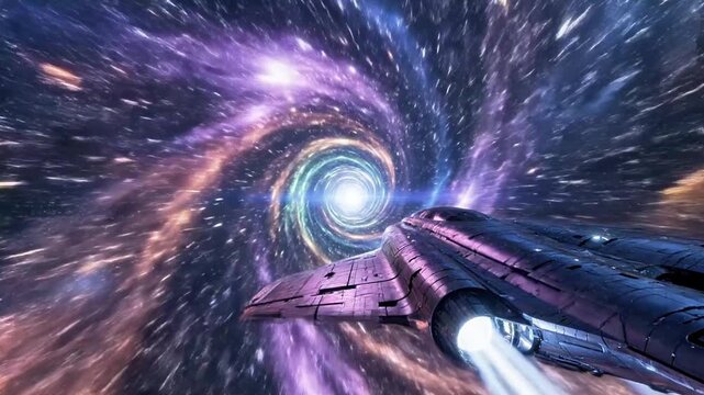 A futuristic spaceship hurtles through a vibrant, swirling galaxy tunnel (1)