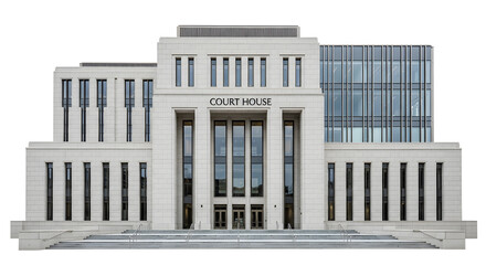 Fototapeta premium A large white courthouse building with a glass facade and columns stands prominently in the city