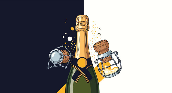 Celebratory green champagne bottle with its corks popping amidst golden bubbles against a dark and white split background.