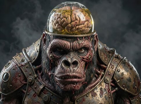 Gorilla Warrior With Transparent Brain Helmet Wearing Rusty Armor Amidst Dark Smoky Background