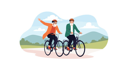 Obraz premium Two active senior men ride bicycles along a scenic road through green hills and mountains while wearing protective helmets and gear.