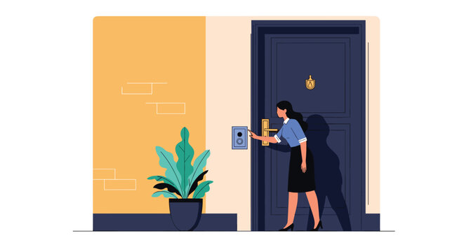 Professional woman uses a digital security keypad and intercom system to enter a building while standing at a dark blue front door.