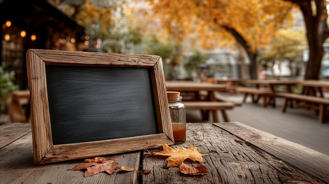 Empty Blackboard Sign With Autumn Leaves On Wooden Table, Blurred Picnic Area Background