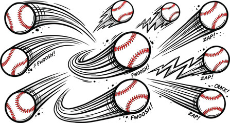 Obraz premium Baseball motion effects set, flying sports balls with speed lines, comic action vector illustration collection pack