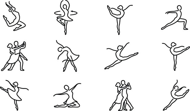 Ballet dance line icons set, graceful dancers and partner poses, minimal vector illustration collection design pack