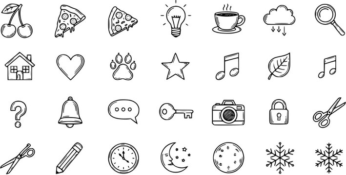 Hand-drawn Doodle Icons Set: Everyday Life, Common Objects  Concepts in Black and White Sketch Style for Web  UI Design
