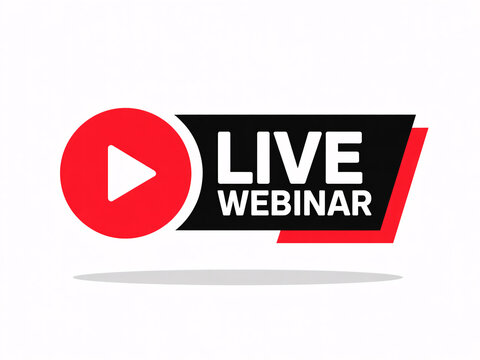 A live webinar logo with a red play button and black banner on a white background