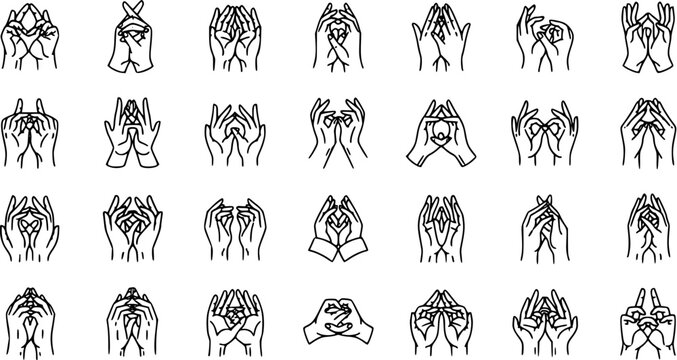 Spirituality, Wellness, and Meditation Hand Gestures Collection - Black  White Line Art Mudras and Symbolic Hand Icons for Mindfulness and Yoga Practice