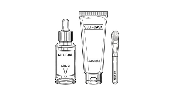 Self care skincare products line including serum facial mask brush