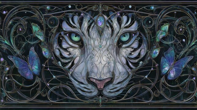 Majestic White Tiger Portrait in Intricate Gem-Encrusted Filigree and Stained Glass Style