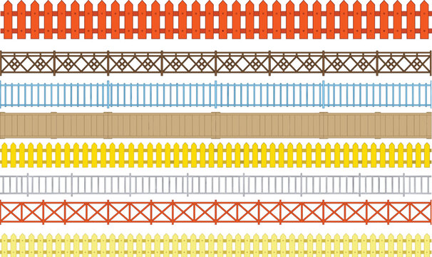 Fence border collection illustration set, seamless wooden metal and decorative fences for garden yard boundaries and outdoor landscape design, construction pattern concept