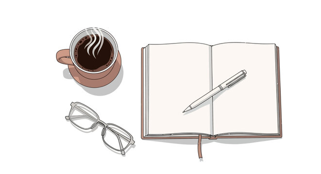 Coffee cup and notebook with pen and glasses on white background