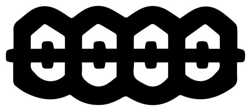 Monochromatic graphic symbol representing dental braces for orthodontic treatment symbolizing dental health alignment and smile correction suitable for medical and cosmetic