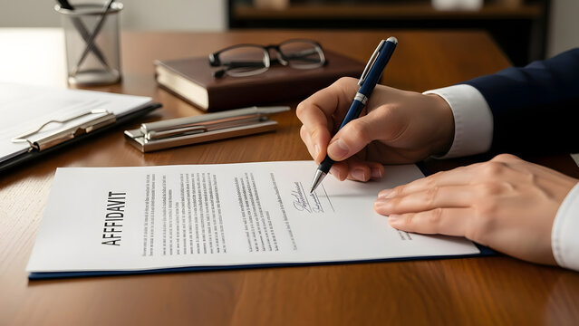 A businessman signing a legal affidavit document at his desk.