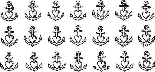 Black and white line art anchors with heart symbols, nautical tattoo style, romantic maritime design elements © pixsource