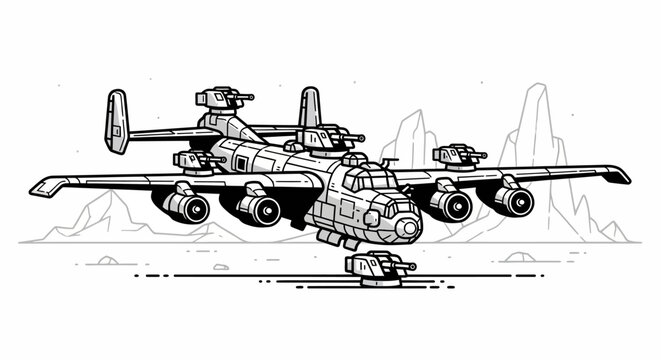 Futuristic Bomber Aircraft with Multiple Guns in Desert Landscape