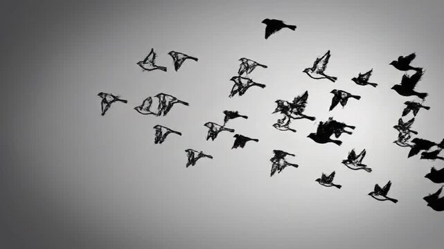 Flock of Birds Flying Across a Gradient Background, Silhouette Style