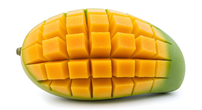 Fresh green-skinned asian mango sliced into a hedgehog pattern with juicy orange flesh isolated on white background