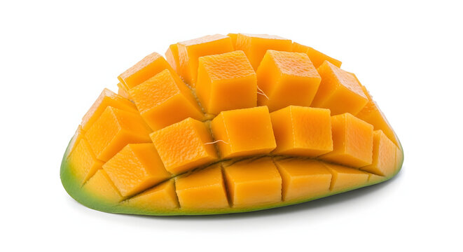 Fresh green-skinned asian mango sliced into a hedgehog pattern with juicy orange flesh isolated on white background