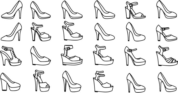 Black and White Line Art Vector Set of Diverse High Heel Shoes and Sandals
