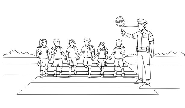 A vector graphic illustration of children crossing the street with a police officer