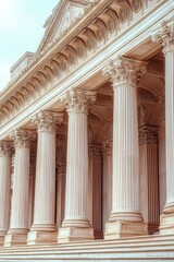 Fototapeta premium Row of tall ornate Corinthian columns, carved capitals and entablature above broad stone steps on a neoclassical facade evoking majestic timeless elegance