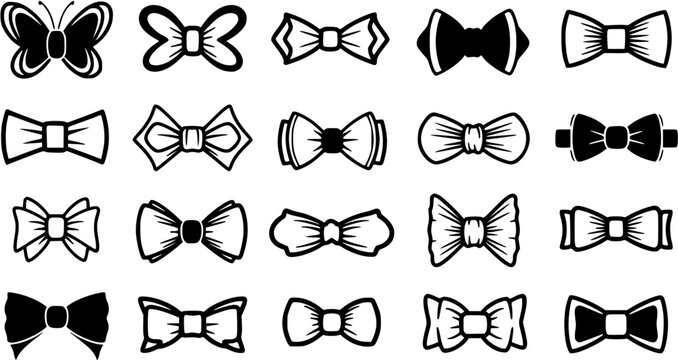 Black and white vector illustration of diverse bow tie designs, icon set, graphic art