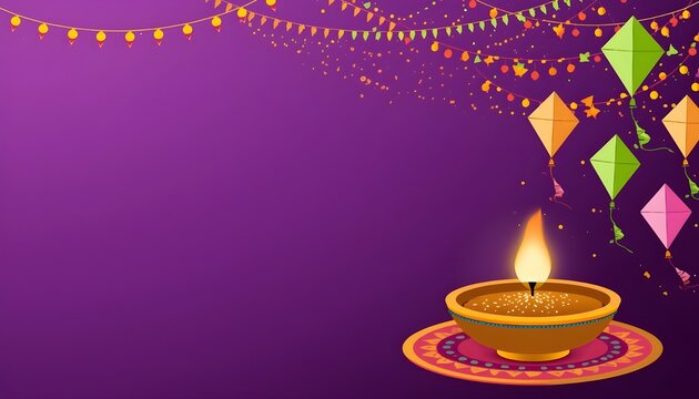 Festive purple background with oil lamp burning diya colorful flying kites and decorative fairy lights copy space
