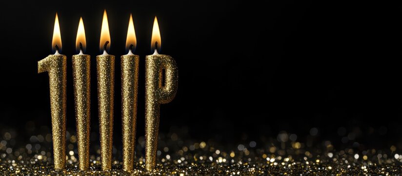 Happy New Year celebration with lit candles on a sparkly surface indoors