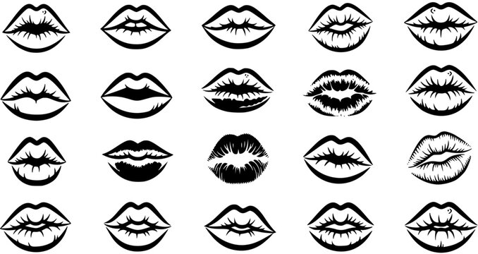 Black  White Line Art and Silhouette Lips Vector Icons Set. Collection of Beauty, Fashion, Love, and Romance Glyphs for Makeup and Kissing Design Elements.