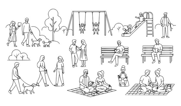 A black and white line art illustration of people in a park