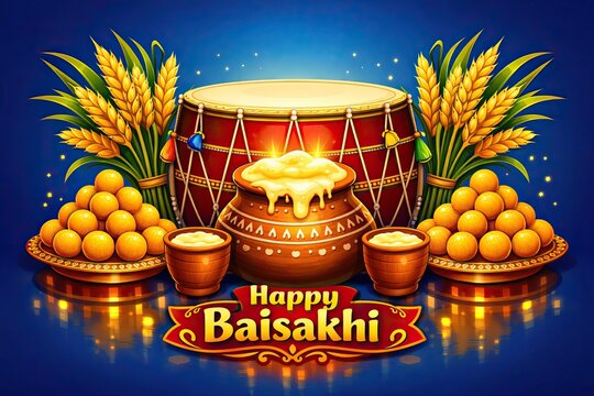 Happy Baisakhi festival celebration background, traditional Punjabi dhol drum with wheat stalks, Indian harvest holiday greeting with sweets and lassi