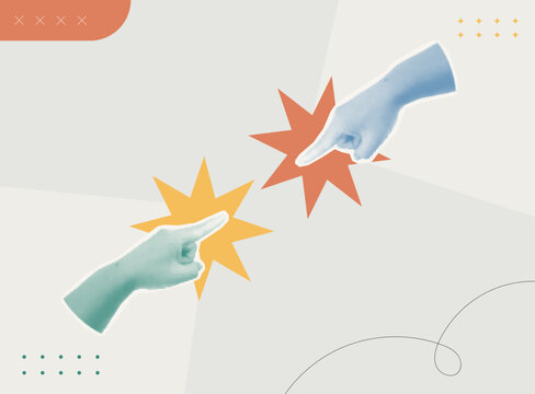 Trendy halftone collage of  two person hands pointing at each other with colorful star bursts, flat design partnership conflict, disagreement, and confrontation concept illustration