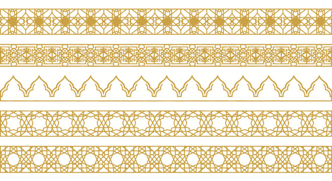 Islamic Geometric Patterns in Golden Ornate Borders for Decorative Design Elements and Ornaments 2d flat vector