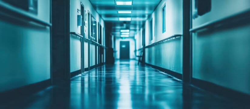 A dimly lit hospital hallway stretches out with reception clinic area in the unfocused background