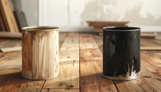 Two paint cans, one with light wood stain and the other with black paint, sit on a wooden floor.