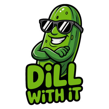 A funny Green Groovy Pickle Cartoon Character character with a cheerful and cute expression with sunglasses