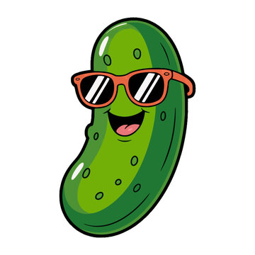 A funny Green Groovy Pickle Cartoon Character character with a cheerful and cute expression with sunglasses