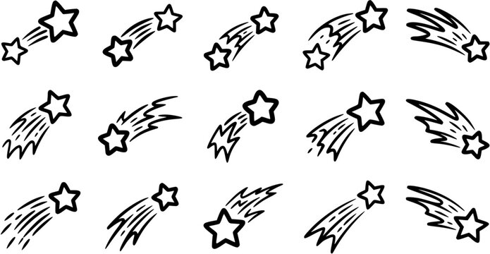 Hand-drawn Black and White Line Art Shooting Stars Icons Set. Doodle Celestial Elements for Wishes, Dreams, Magic, Space, and Celebration Designs.