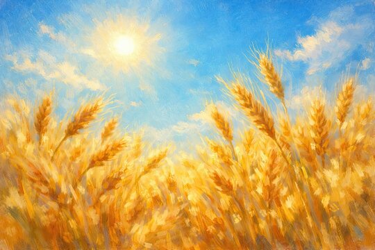 Impressionist oil painting of golden wheat field under bright sun, textured landscape of ripe grain stalks, sunny summer harvest scene with blue sky