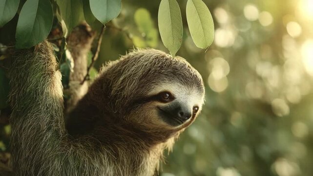 Close-up portrait of a cute sloth hanging from a tree branch in a lush green forest with soft sunlight filtering through the leaves conveying a sense of calm and nature