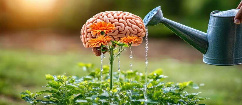 A human brain grows from a flower as water pours from a watering can in a lush green garden environment.