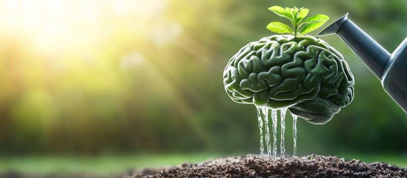 A brain grows from a flower on a watering can in a garden.