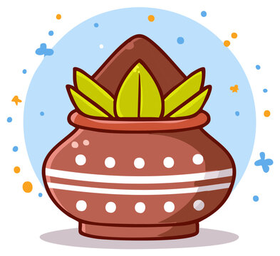 Cute cartoon Kalash illustration with coconut and mango leaves for a Hindu festival celebration