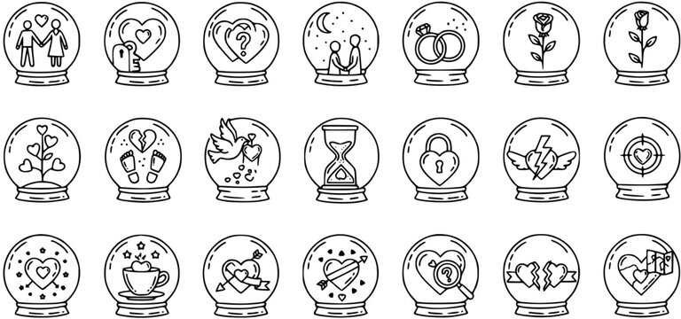 Valentine's Day Love Icons in Snow Globes - Black and White Outline Doodle Art Collection for Romantic Themes and Emotional Concepts