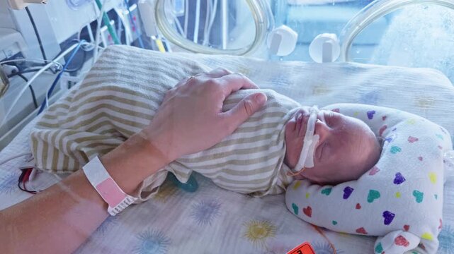 Premature newborn in striped hospital swaddle rests in NICU bassinet while parent's hand gently cradles baby's head.
