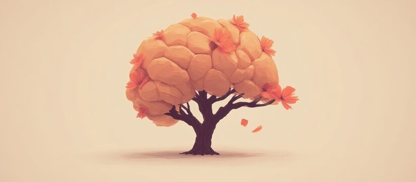 A surreal illustration of a human brain tree with flowers representing self care and mental health.