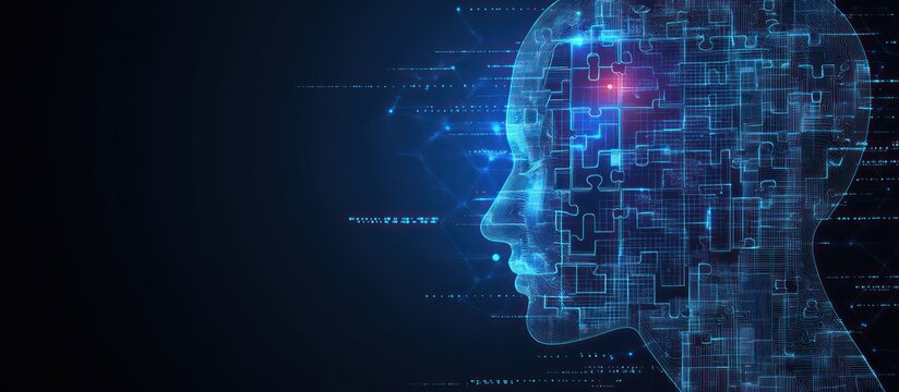 A human head profile made of jigsaw puzzle pieces with a cognitive psycho effect